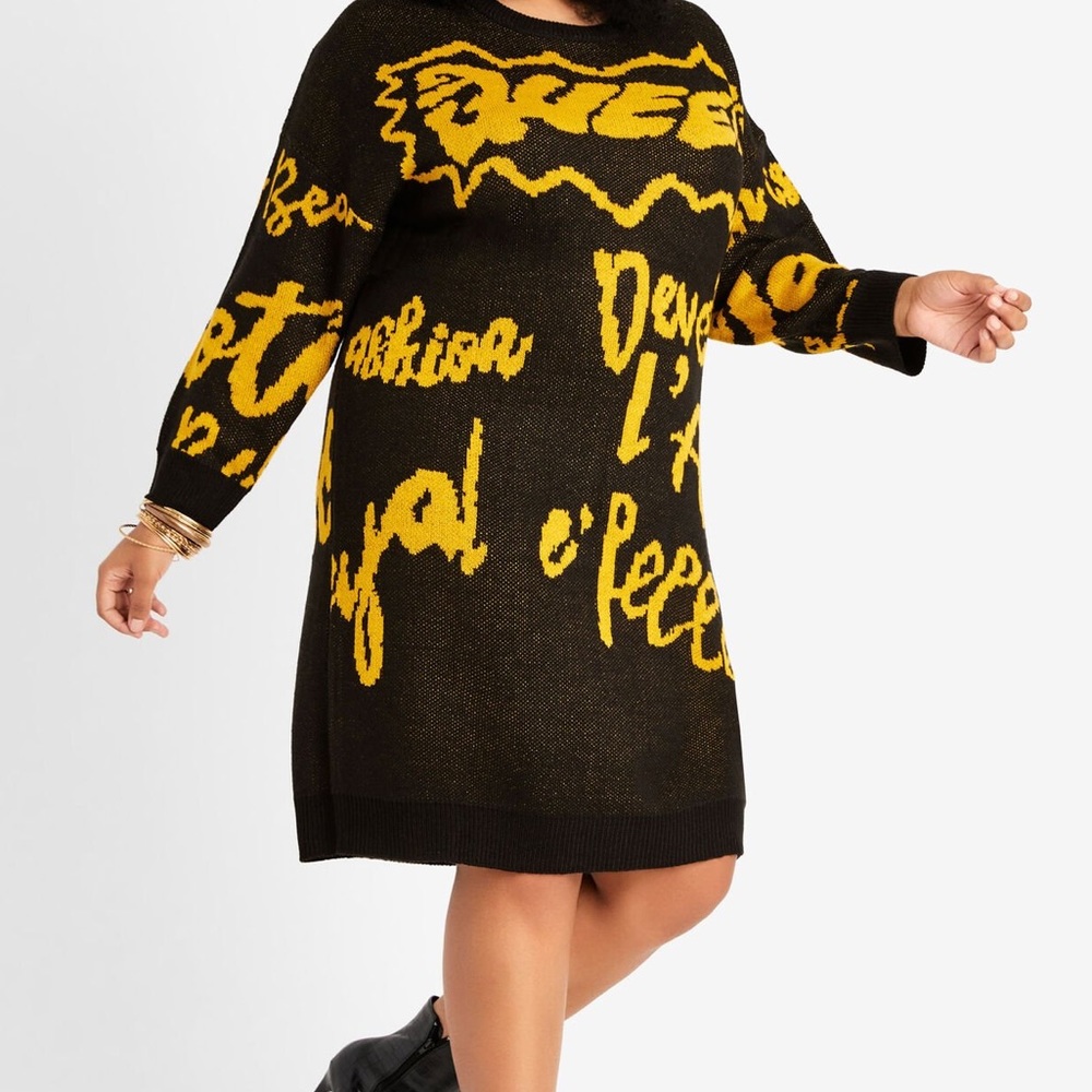 Runway 7 Graphic Black Gold Print Sweater Dress Sz 1X